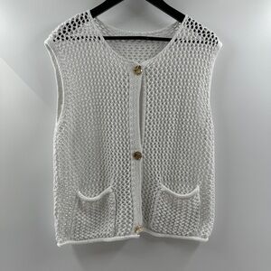 White Knit Button Front Sweater Vest with Gold Buttons & Pockets